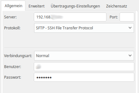 Alternativ: Daten für SFTP eingeben
