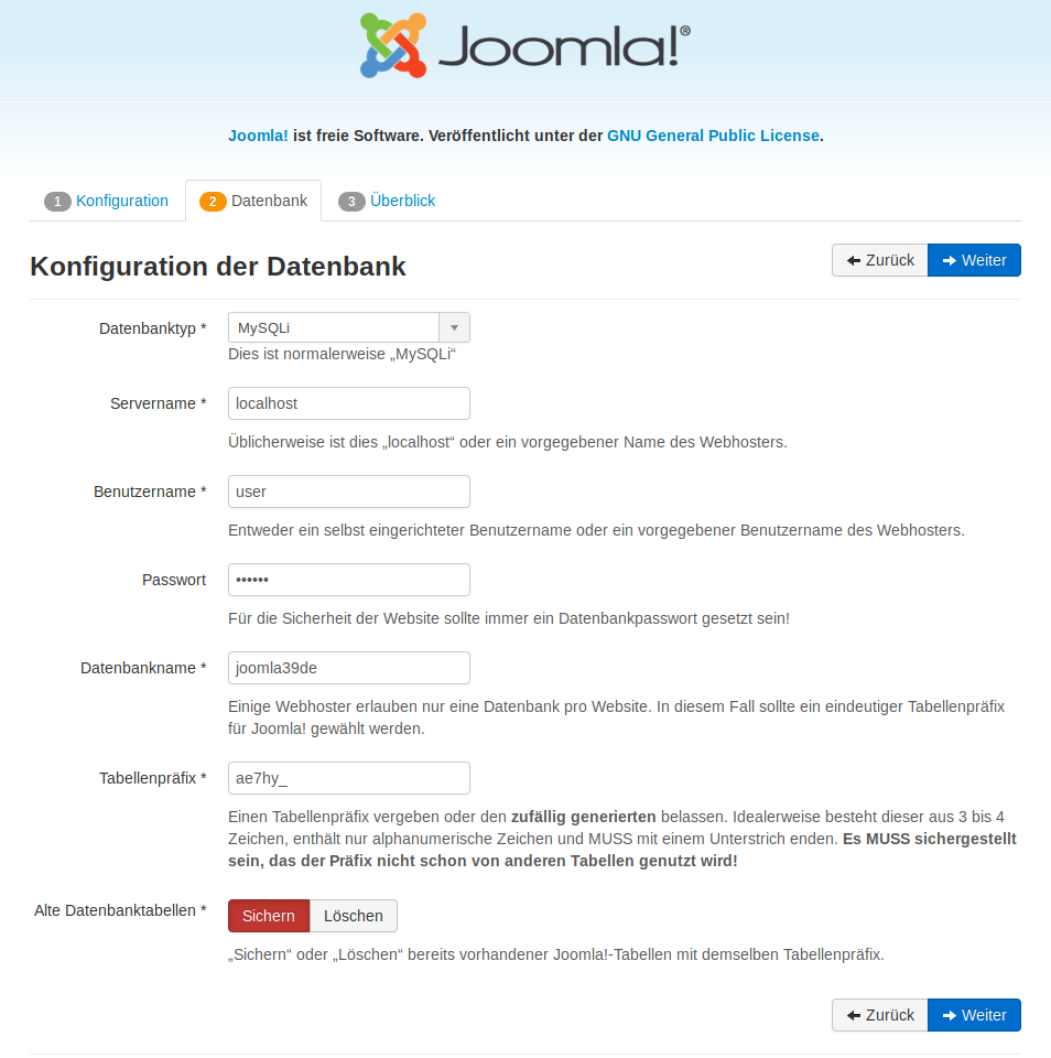 Joomla Installation - Reiter Datenbank