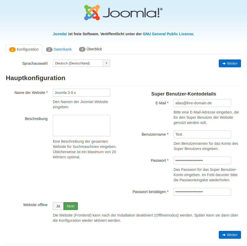 Joomla Installation - Reiter Konfiguration