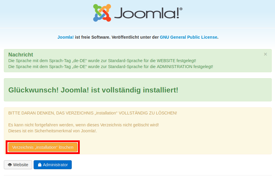 Joomla Installation vollständig - Installationsverzeichnis löschen
