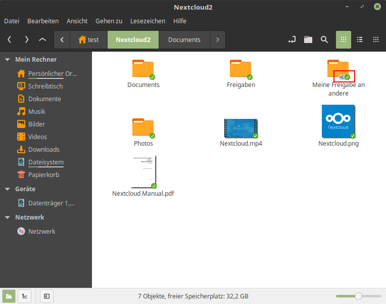 Linux Dateimanager (Nemo) - Synchronisierter Nextcloud Ordner