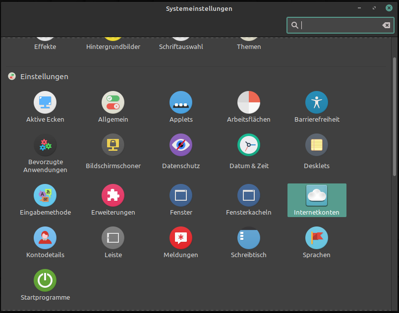 Linux Mint Cinnamon - Systemeinstellungen - Internetkonten